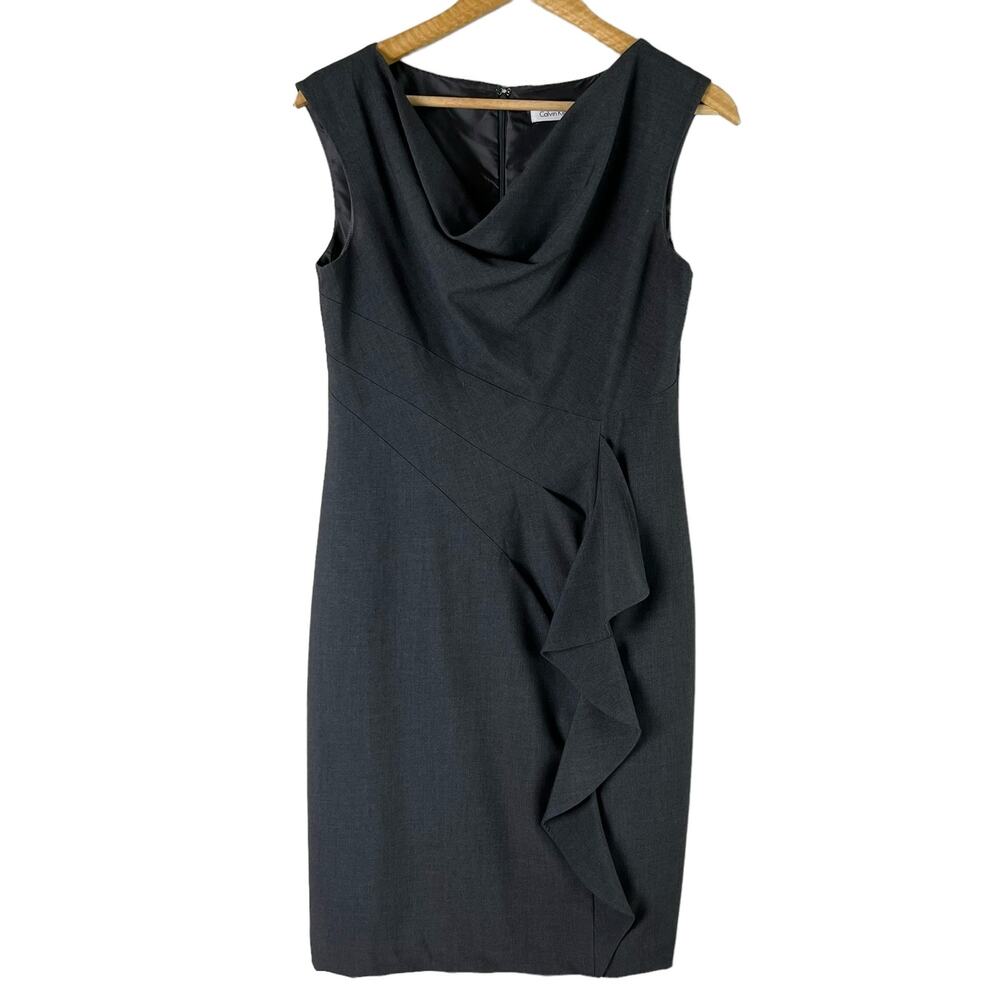 Calvin Klein Black Sleeveless Sheath Dress with Draped Ruffle